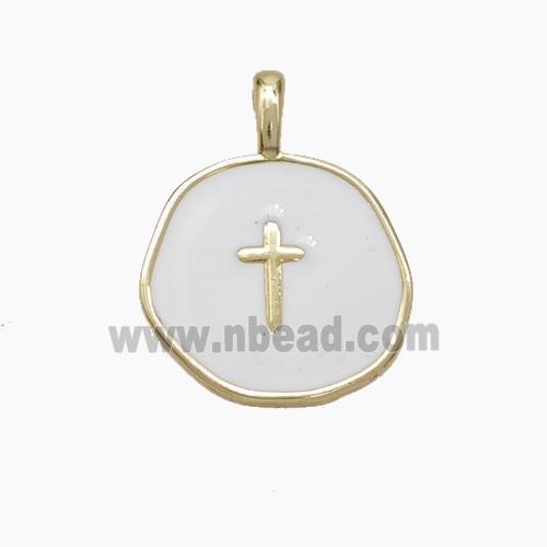 Copper Circle Cross Pendant White Enamel Gold Plated