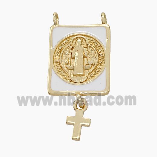 Copper Jesus Pendant White Enamel Rectangle Cross 2loops Gold Plated