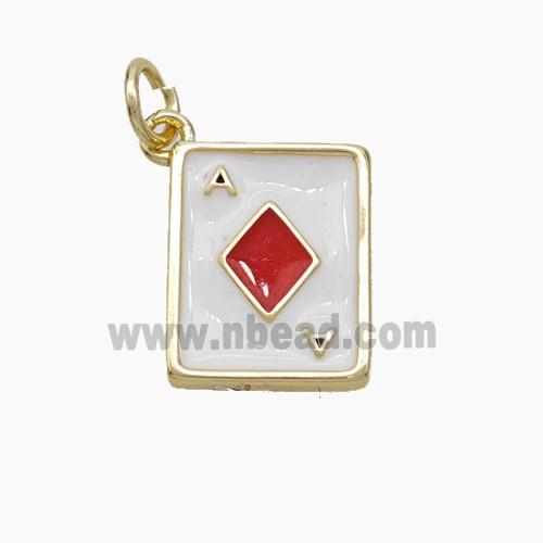 ACE of Diamonds Playing Card Copper Pendant White Red Enamel Gold Plated
