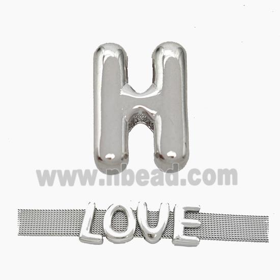 Copper Watchband Beads Letter-H Flat Hole Platinum Plated