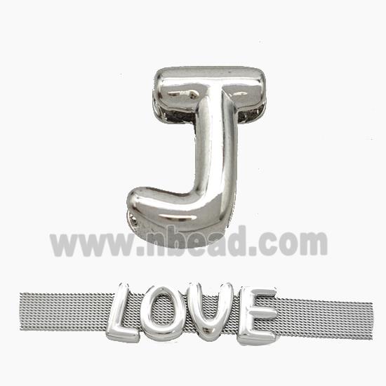 Copper Watchband Beads Letter-J Flat Hole Platinum Plated