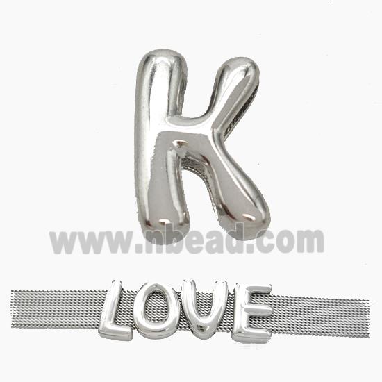 Copper Watchband Beads Letter-K Flat Hole Platinum Plated