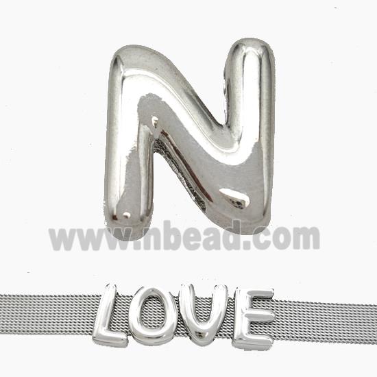 Copper Watchband Beads Letter-N Flat Hole Platinum Plated