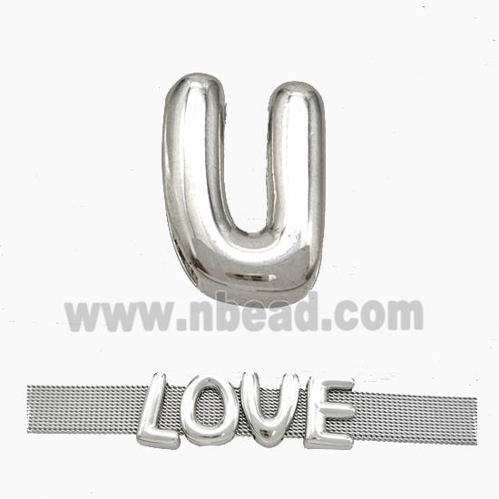 Copper Watchband Beads Letter-U Flat Hole Platinum Plated