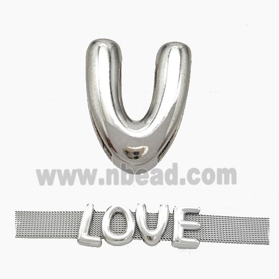 Copper Watchband Beads Letter-V Flat Hole Platinum Plated