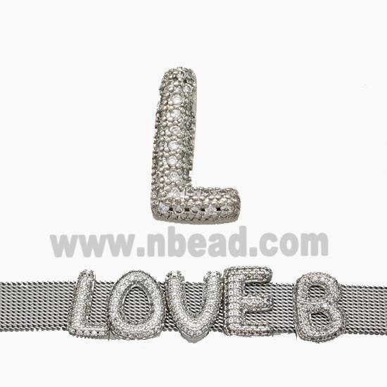 Copper Watchband Beads Pave Zirconia Letter-L Flat Hole Platinum Plated