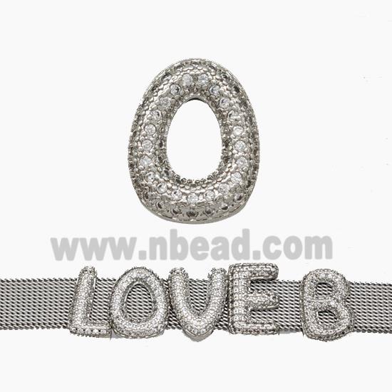 Copper Watchband Beads Pave Zirconia Letter-O Flat Hole Platinum Plated