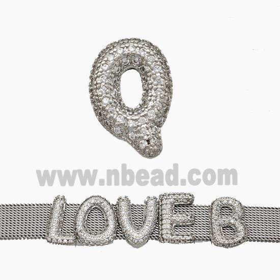 Copper Watchband Beads Pave Zirconia Letter-Q Flat Hole Platinum Plated