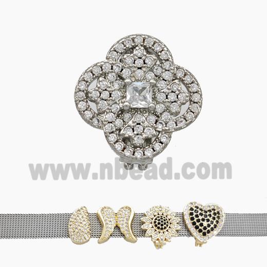 Copper Watchband Beads Pave Zirconia Clover Flat Hole Platinum Plated