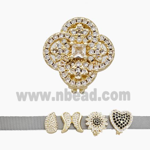 Copper Watchband Beads Pave Zirconia Clover Flat Hole Gold Plated