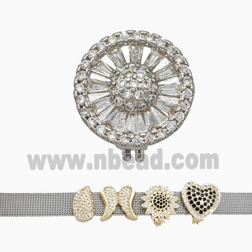 Copper Watchband Beads Pave Zirconia Flower Flat Hole Platinum Plated