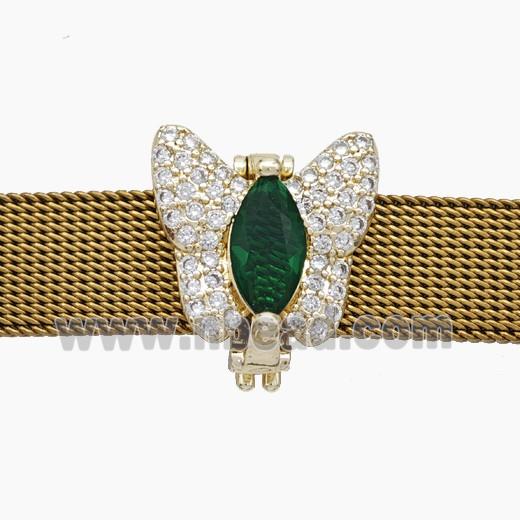 Copper Watchband Beads Pave Zirconia Butterfly Flat Hole Gold Plated
