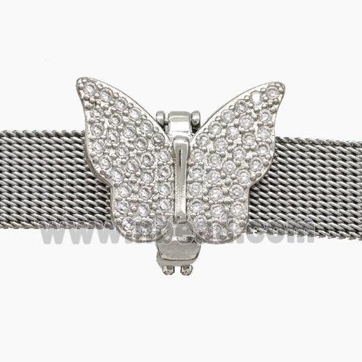 Copper Watchband Beads Pave Zirconia Butterfly Flat Hole Platinum Plated