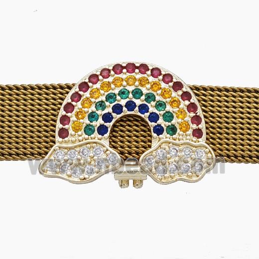 Copper Watchband Beads Pave Zirconia Rainbow Flat Hole Gold Plated