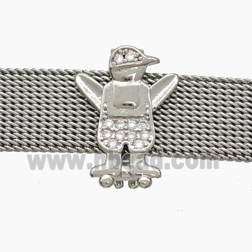 Copper Watchband Beads Pave Zirconia Kids Boy Flat Hole Platinum Plated
