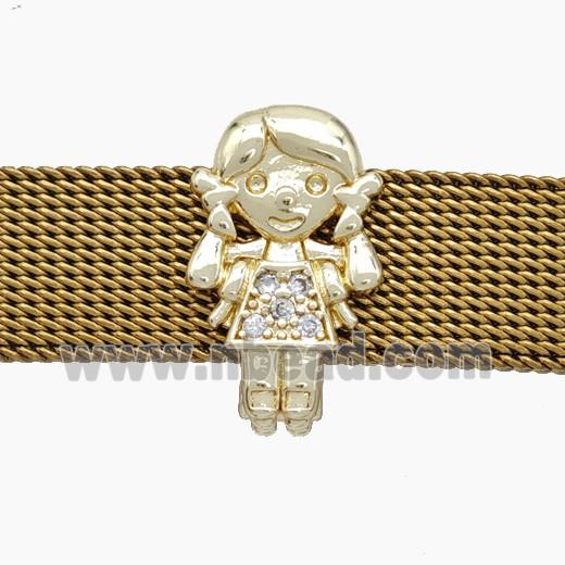 Copper Watchband Beads Pave Zirconia Kids Girl Flat Hole Gold Plated