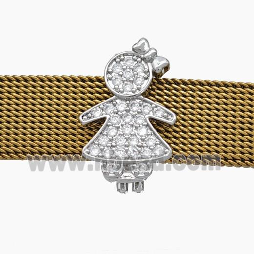 Copper Watchband Beads Pave Zirconia Kids Girl Flat Hole Platinum Plated