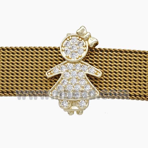 Copper Watchband Beads Pave Zirconia Kids Girl Flat Hole Gold Plated