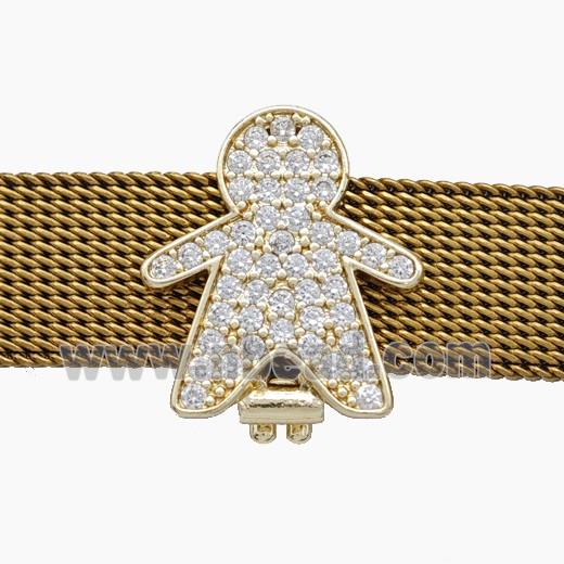 Copper Watchband Beads Pave Zirconia Kids Boy Flat Hole Gold Plated