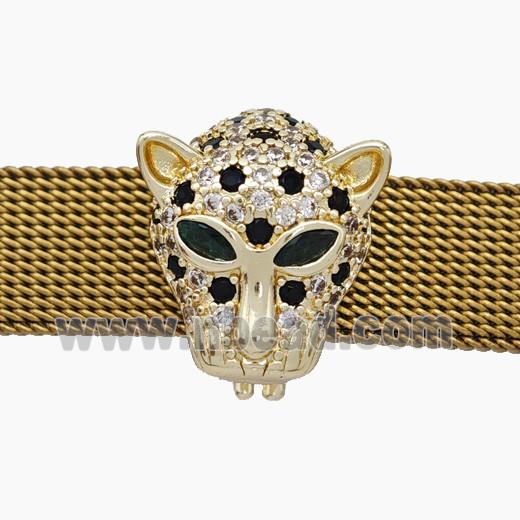 Copper Watchband Beads Pave Zirconia Panther-Head Flat Hole Gold Plated