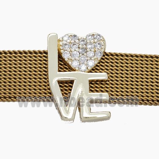 Copper Watchband Beads Pave Zirconia LOVE Heart Flat Hole Gold Plated
