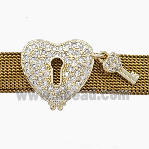 Copper Watchband Beads Pave Zirconia Key-Lock Flat Hole Gold Plated