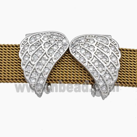 Copper Watchband Beads Pave Zirconia Angel Wings Flat Hole Platinum Plated