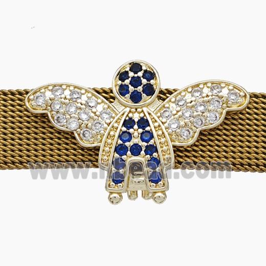 Copper Watchband Beads Pave Zirconia Angel Wings Flat Hole Gold Plated