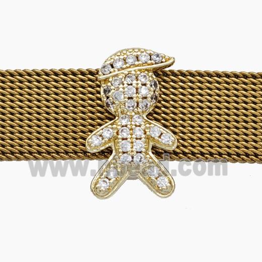 Copper Watchband Beads Pave Zirconia Kids Boy Flat Hole Gold Plated