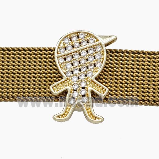 Copper Watchband Beads Pave Zirconia Kids Boy Flat Hole Gold Plated