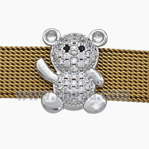 Copper Watchband Beads Pave Zirconia Bear Flat Hole Platinum Plated