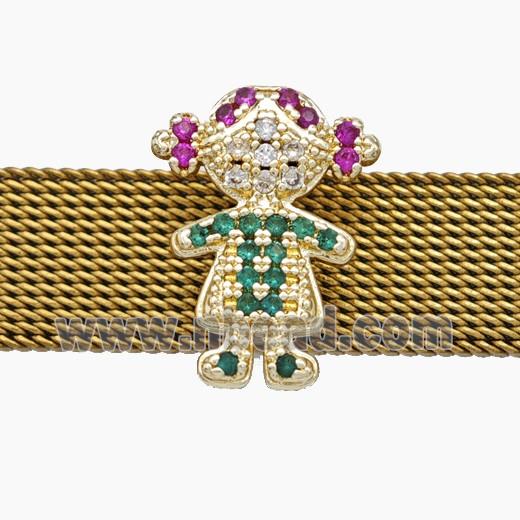 Copper Watchband Beads Pave Zirconia Kids Girl Flat Hole Gold Plated