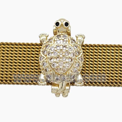 Copper Watchband Beads Pave Zirconia Tortoise Flat Hole Gold Plated