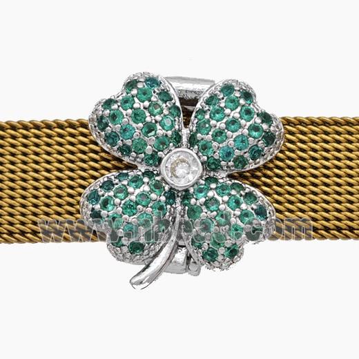 Copper Watchband Beads Pave Zirconia Clover Flat Hole Platinum Plated