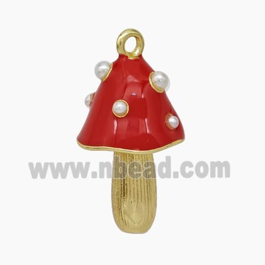Copper Mushroom Pendant Pave Pearlize Resin Red Enamel Gold Plated