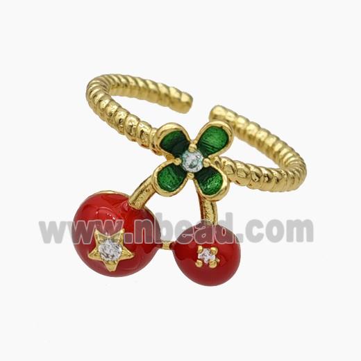 Copper Cherry Rings Pave Zirconia Red Enamel Gold Plated