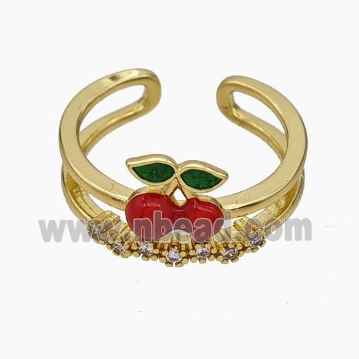 Copper Cherry Rings Pave Zirconia Red Enamel Gold Plated