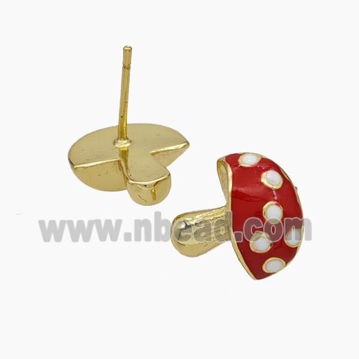 Copper Mushroom Stud Earrings Red Enamel Gold Plated