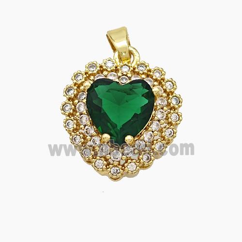 Copper Heart Pendant Micropave Zirconia Green Crystal Glass Gold Plated