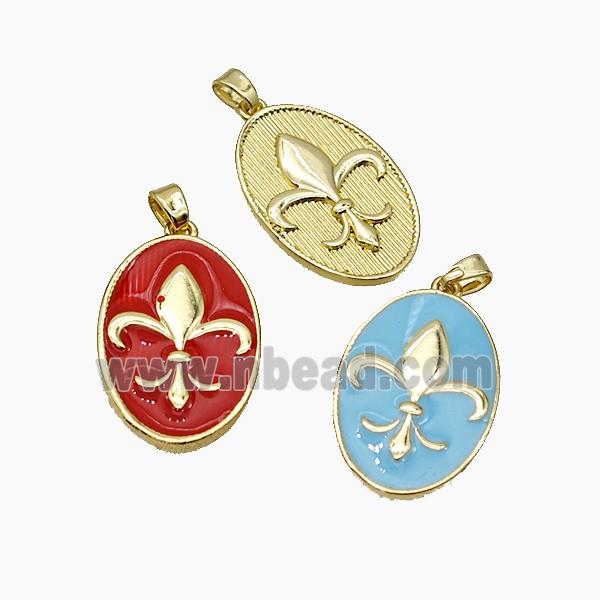 Copper Oval Pendant Fleur De Lis Enamel Gold Plated Mixed