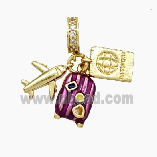 Copper Airplane Travel Box Passport Pendant Painted Gold Plated