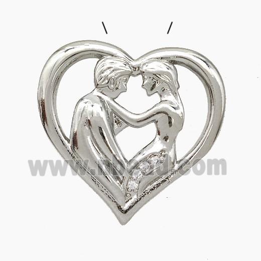 Copper Couple Pendant Pave Zirconia Heart Platinum Plated