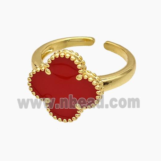 Copper Clover Rings Red Enamel 18K Gold Plated