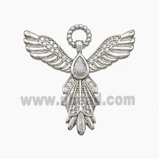 Copper Angel Wing Pendant Pave Zirconia Teardrop Platinum Plated