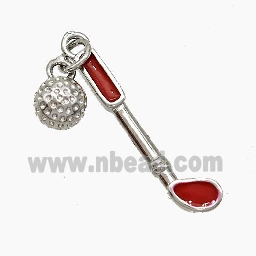 Golf Holder and Ball Charms Copper Pendant Red Enamel Sports Platinum Plated