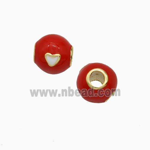 Copper Round Beads Red Enamel Heart Large Hole Gold Plated