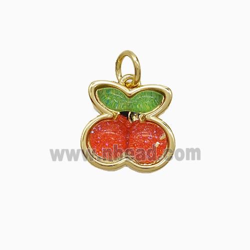 Copper Cherry Pendant Pave Red Resin Gold Plated