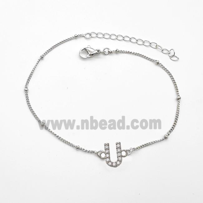 Copper Bracelet With Letter-U Pave Zirconia Platinum Plated