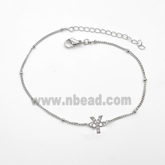 Copper Bracelet With Letter-Y Pave Zirconia Platinum Plated