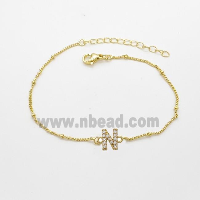 Copper Bracelet With Letter-N Pave Zirconia Gold Plated